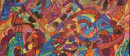 Abstract painting of Black parents and children, wearing and surrounded by brightly colored patterned designs.